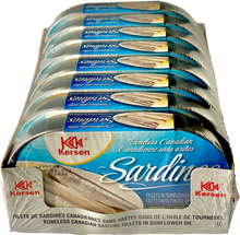 Load image into Gallery viewer, Herring, Canned herring, No artificial colours, No artificial flavours, Kersen, Canned sardines, Canned fish, Gluten-free fish, Non-GMO fish, No added preservatives, IMO, Omega-3 essential oils, Omega-3 oil, Wild caught fish, Wild caught Canadian, Canadian fish, Canadian Herring, Canadian sardines, Product of Canada, Essential amino acids